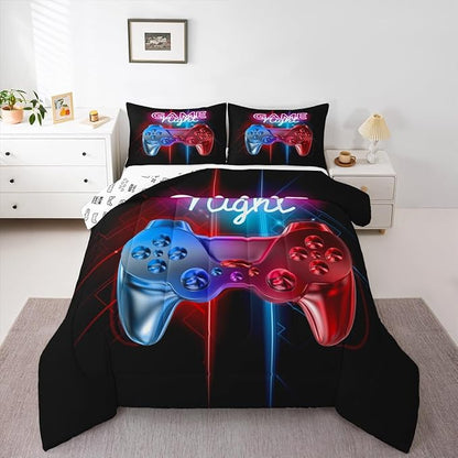 Feelyou Boys Gaming Comforter Set Toddler Size Teens Gamer Bedding Set Modern Blue Red Video Game Controller Comforter for Kids Children Youth Bedroom Decor Gamer Console Action Buttons Duvet Set