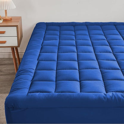 Mattress Pad - Soft and Breathable Mattress Protector Cover - Pillow Topper with Stretches to 18” Deep Pocket Fits Up to 8”-21” Cooling Bed Topper (Blue, King)