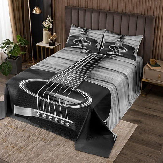 Erosebridal Guitar Bedding Set Music Bedspread, Vintage Guitar on Wooden Floor Design Quilt for Kids Adult, Bedroom Decor (1 Bedspread and 1 Pillowcase) Twin, Soft Bedclothes, Black Grey