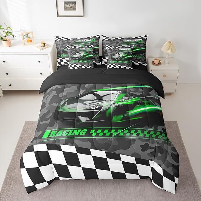 Feelyou Green Racing Car 7 Piece Bedding Set Queen Size Kids Boys Speed Race Car Comforter Set with Sheets for Teens Toddler Extreme Sports Bed in a Bag Camouflage Bed Set