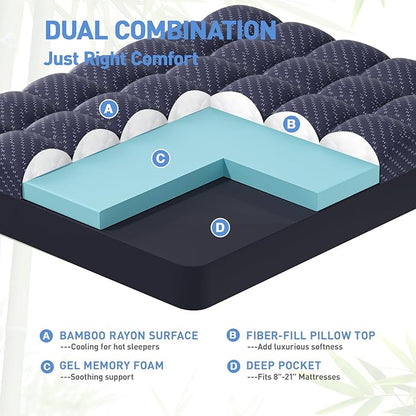 Dual Layer 3 Inch Memory Foam Mattress Topper Queen Size, 2 Inch Gel Memory Foam Plus 1 Inch Cooling Pillow Top Mattress Pad Cover, with 8-21 Inch Deep Pocket, Navy Blue
