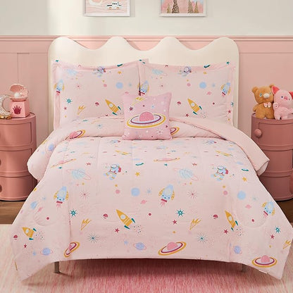 Full Size Comforter Set for Girls-4 Pieces Space Glow in The Dark Full Bedding Sets for Kids, 1 Comforter, 2 Shams and 1 Decor Pillow