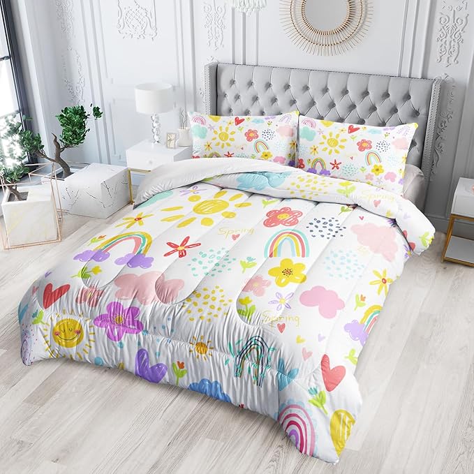 Colorful Rainbow Comforter Graffiti Cute Sun Flowers Bedding 3Pcs Twin Cartoon Hearts Cloud Pattern Quilt Set for Kids Teens Girls Boys Raindrop Bed Set with 1 Comforter and 2 Pillowcases