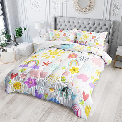 Colorful Rainbow Comforter Graffiti Cute Sun Flowers Bedding 3Pcs Queen Cartoon Hearts Cloud Pattern Quilt Set for Kids Teens Girls Boys Raindrop Bed Set with 1 Comforter and 2 Pillowcases