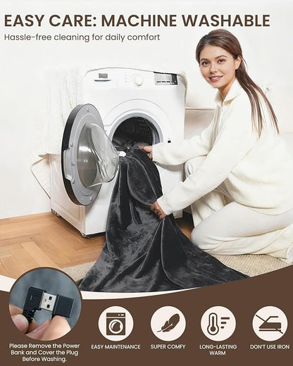 Cordless Heated Blanket with Hood, USB Battery Powered Heated Wearable Blanket with 9 Heating Zones, 20000 mAh Power Bank, 3 Levels, Portable Heated Throw Blanket, Heated Shawl