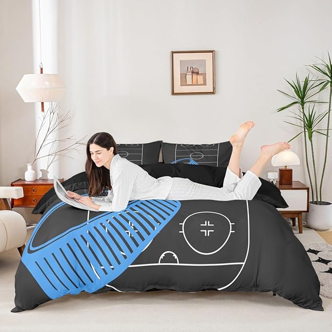 Ice Hockey Rink Print Duvet Cover Set King Size,Boys Ball Sports Games Themed Comforter Cover with 2 Pillowcases,Blue Hockey Stick Sporting Equipment Breathable Quilt Cover for Adult Women Gift,3pcs