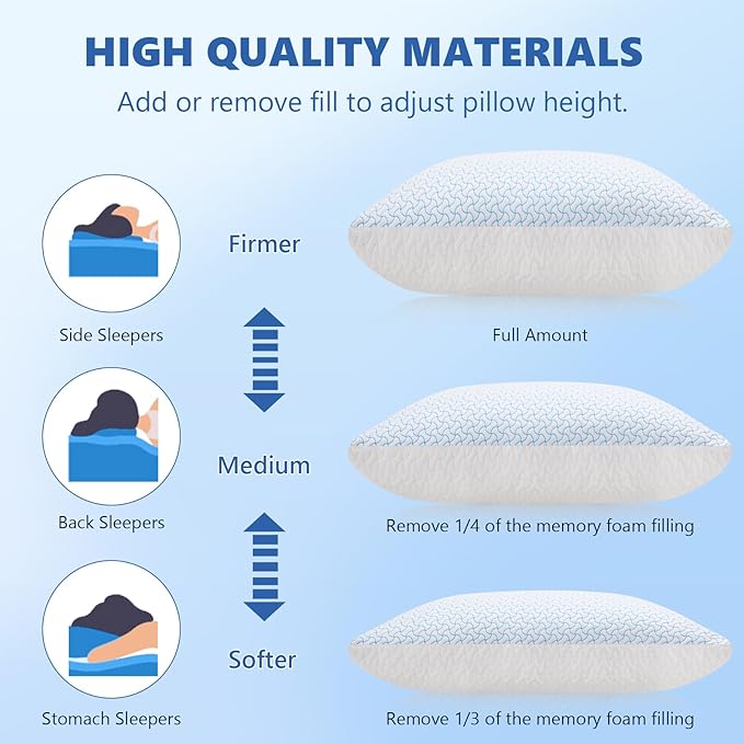 SUPA MODERN Shredded Memory Foam Pillows Queen Size Set of 1, Cooling Bed Pillow for Sleeping for Hot Sleepers, Adjustable Pilllows for Side Back and Stomach Sleepers, Neck & Shoulder Comfort Support