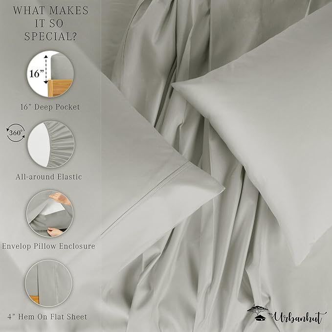 URBANHUT 1000 Thread Count Egyptian Cotton Sheets Queen Size, Breathable Long Staple, 4 Pc Bed Sheet Sets, Luxury Hotel Sateen Sheets Fits 16" Deep Pocket - Silver Grey
