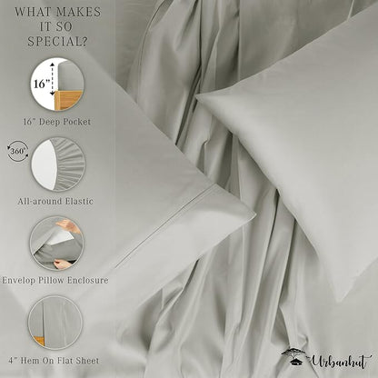 URBANHUT 1000 Thread Count Egyptian Cotton Sheets Queen Size, Breathable Long Staple, 4 Pc Bed Sheet Sets, Luxury Hotel Sateen Sheets Fits 16" Deep Pocket - Silver Grey