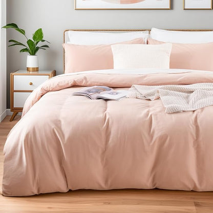 NEXHOME PRO Duvet Cover Set Kids Twin Size Linen Feel Textured Organic Natural 100% Washed Cotton Duvet Cover 2 Pieces Bedding Set with Zipper Closure, Breathable, Dusty Pink(No Comforter)