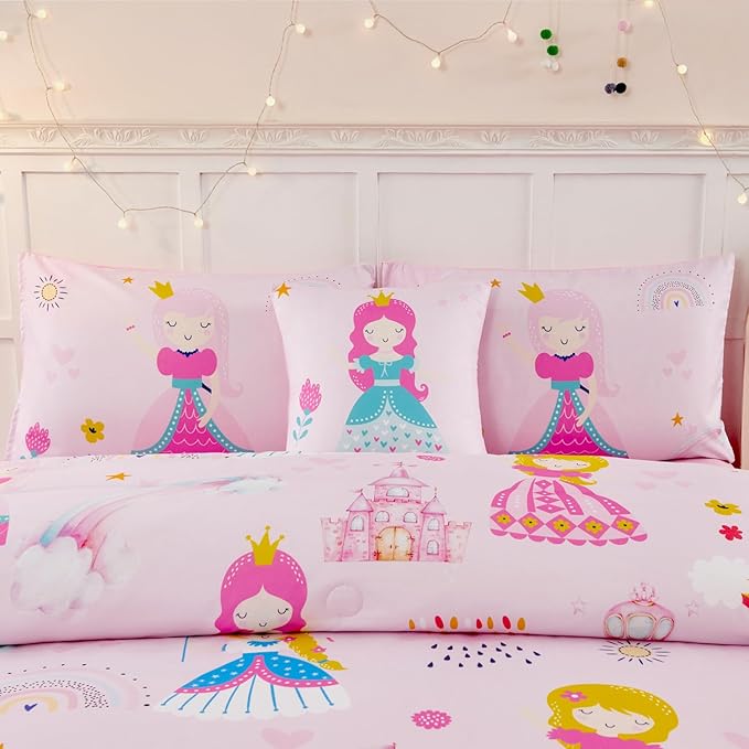 ANGIYUIN Pink Princess Queen Bedding Set Cartoon Rainbow Kids Bed Set Cute Fairy Tales Castle Bedding Set for Girls(1 Comforter, 1 Flat Sheet, 1 Fitted Sheet, 2 Pillowcases,1 Square Pillowcases)