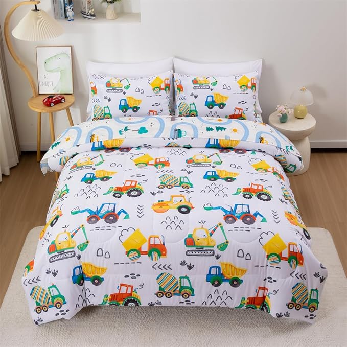 NTBED 5 Pieces Construction Truck Twin Comforter Set for Boys Kids Colorful Painting Vehicles Excavator Lightweight Microfiber Bedding Sets