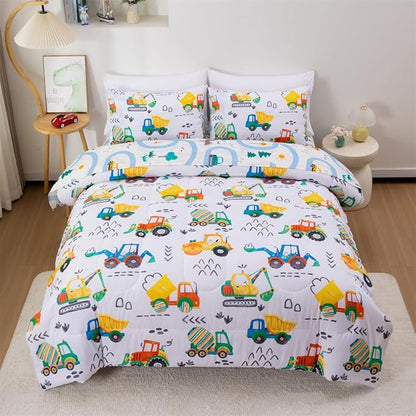 NTBED 5 Pieces Construction Truck Twin Comforter Set for Boys Kids Colorful Painting Vehicles Excavator Lightweight Microfiber Bedding Sets