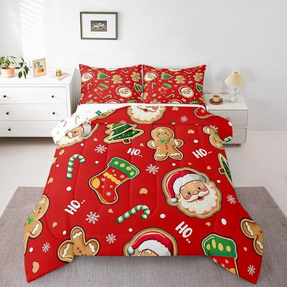 Erosebridal Santa Claus Comforter Set King,Cute Gingerbread Man Bedding for Kids Child Teens,Cartoon Christmas Tree Snowflake Comforter Sets,Red Green Xmas Duvet Insert with 2 Pillowcases