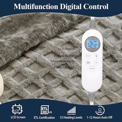 Heated Blanket Electric Full Blankey, 72"x84" Heating Blanket Waffle with 12 Heat Levels, Fast Heating Blanket with 1-12 Timer, Overheat Protection with ETL & FCC for Bed Home (Light Gray