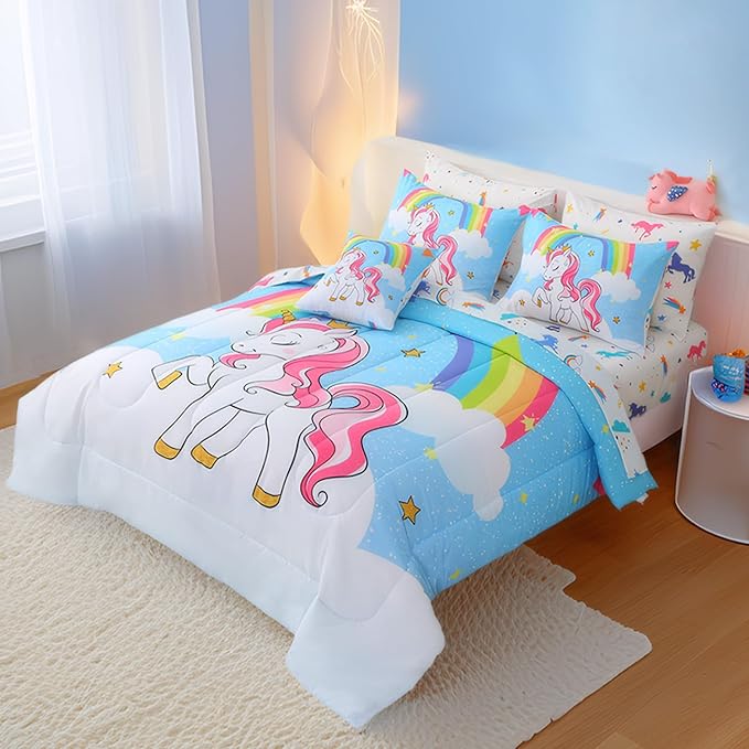 Unicorn Queen Bedding Sets for Girls Kids Teens, 8 Piece Bed in a Bag Purple Rainbow Theme Unicorn Comforter Set Bedroom Decor with Printed Sheet Set