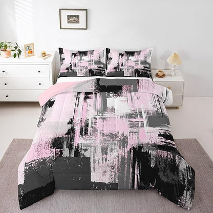 Feelyou Pink Grey Abstract Duvet Quilt Toddler Size Geometric Bedding Set for Kids Boys Girls Decor Modern Comforter Set Breathable Soft Lightweight Microfiber Buffalo Check Bedroom Decor Bedclothes