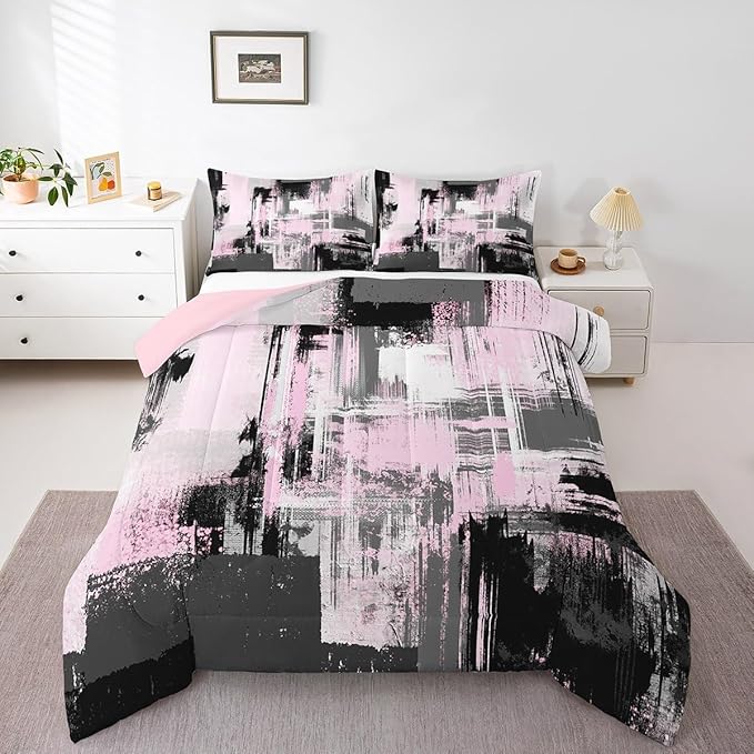 Feelyou Pink Grey Abstract Duvet Quilt Queen Size Geometric Bedding Set for Kids Boys Girls Decor Modern Comforter Set Breathable Soft Lightweight Microfiber Buffalo Check Bedroom Decor Bedclothes