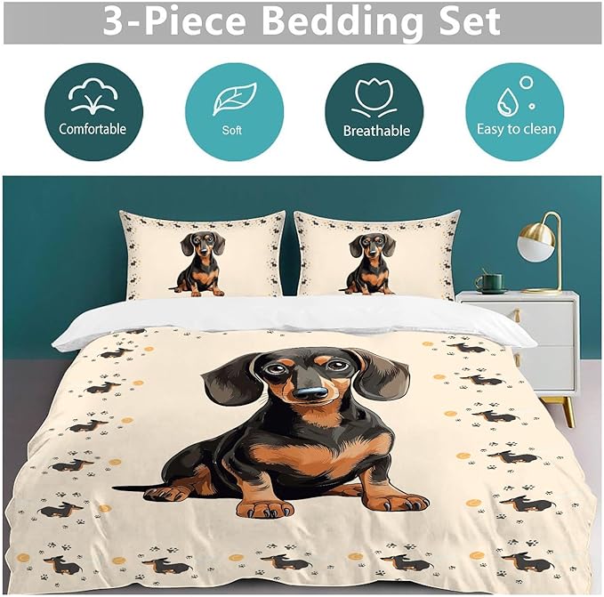 Dachshund Bedding Set Puppy Daschund Animal Theme Comforter Set Covers for Kids Girls Women Wiener Dog Duvet Cover Bedroom Decor Soft Queen Size Quilt Cover with 2 Pillowcases