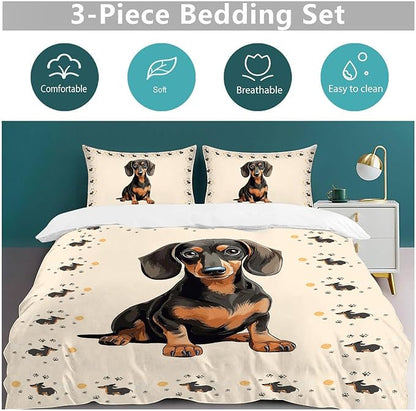 Dachshund Bedding Set Puppy Daschund Animal Theme Comforter Set Covers for Kids Girls Women Wiener Dog Duvet Cover Bedroom Decor Soft Queen Size Quilt Cover with 2 Pillowcases