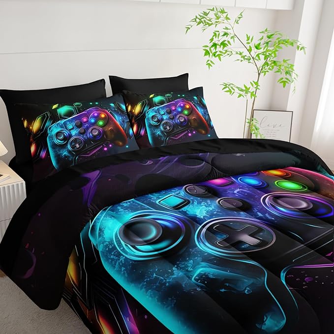 Gamer Comforter Set 7 Piece Twin Size Bed in A Bag,Game Bedding for Room Decor,Soft Gaming Comforter Video Game Bedding with Fitted Sheet,Flat Sheet, Pillowcases & Shams