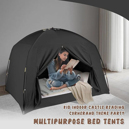 Bed Tents for Kids and Adult, Portable 100% Breathable and 93% Blackout Toddler Toddler Dream Paly Tent, 3 Doors Privacy Space Sleeping Canopy for Floor or Twin Full Queen Sizes Bed (Black, Full-Size)