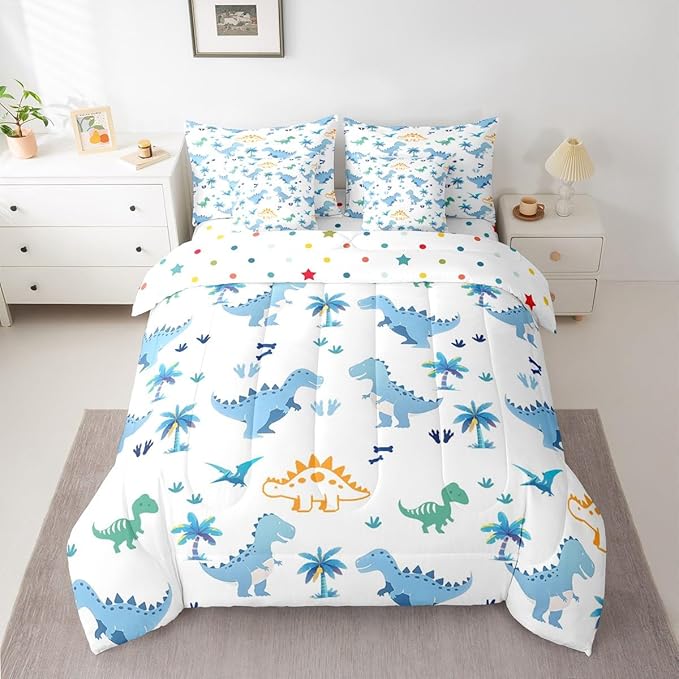 Feelyou Cute Dinosaur 7 Piece Bedding Set Blue Dinosaur Comforter Set with Sheets for Kids Boys Girls Coconut Palm Bed in a Bag Animal Theme Bed Set Soft Lightweight