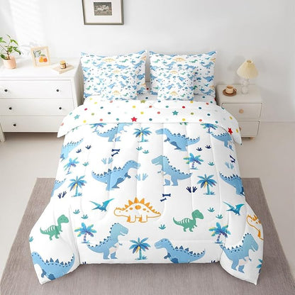 Feelyou Cute Dinosaur 7 Piece Bedding Set Blue Dinosaur Comforter Set with Sheets for Kids Boys Girls Coconut Palm Bed in a Bag Animal Theme Bed Set Soft Lightweight