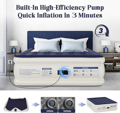 Air Mattress Queen with Built-in Pump, Blow Up Mattress with Soft Flocked Top, Leakproof Inflatable Mattress, Foldable Waterproof Air Bed for Home, Guests, Camping, with Storage Bag