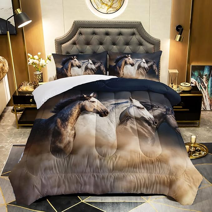 QOOMO Horse Comforter King Size,Galloping Horse Comforter Set for Kids Teens Girls Boys,3Pcs Bedding Set Printed Comforter with 2 Pillowcases,Soft and Lightweight，King Size