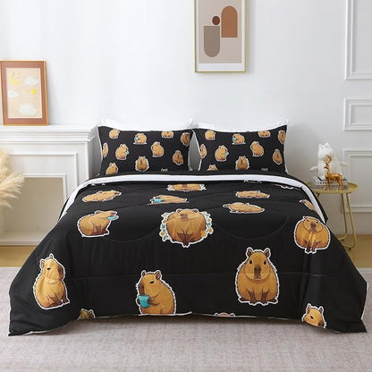 Wajade Capybara Comforter Set 7 Piece Cute Black Animal Bedding Set Capybara for Boys Girls Room Decoration Full Size with Sheet and 2 Pillowcases 2 Pillow Shams Cute Bed in a Bag as Birthday Gift