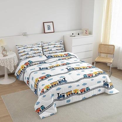 Erosebridal Kids Train Comforter Set Twin for Boys Girls Cartoon Car Bedding Set Steam Engine Bedding Comforter Sets Railway Vehicles Duvet Transportation Truck Quilt Comforter with 1 Pillow Sham