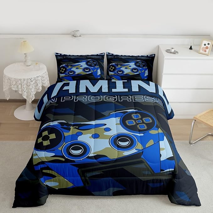 Boys Gaming Comforter Set Full Size Teens Gamer Bedding Set Retro Blue Camouflage Video Game Controller Comforter for Kids Youth Bedroom Decor Gamer Console Action Buttons Duvet Set Microfiber