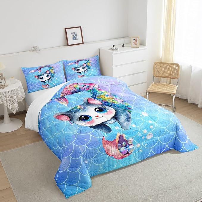 Rainbow Cartoon Cat Bed Sheet Set Colorful Mermaid Comforter Set for Kids Boys Teens Room Decor Blue Mermaid Scales Bedding Set Set Ocean Gradient Style Bed Cover 2Pcs Twin Size With 1 Pillow Case