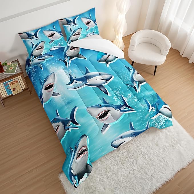 HOSIMA Teens Shark Print Bedding Sets King Size,Shark Swimming in The Underwater World Pattern Comforter Sets for Kids Boys Girls,Ocean Animal Theme Comforter Sets with Two Pillowcases.