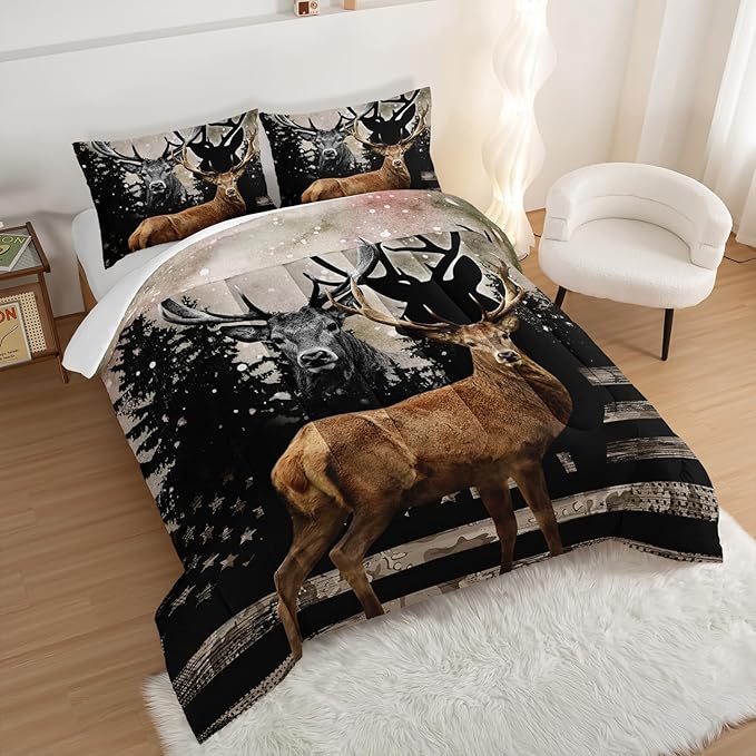 HOSIMA Snowy Forest Deer Comforter Set with 2 Pillowcases,Camo American Flag Queen Comforter Set Hunting Bedding for Teen Mens Bedroom Essentials,Wildlife Elk Comforter Boys Room Decor.