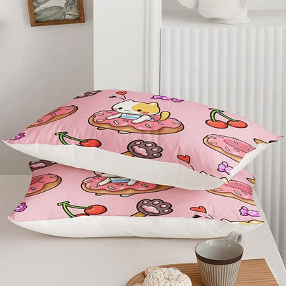 QOOMO Kawaii Cat Comforter King Size,Doughnut Cherry Cat Comforter Set for Kids Teens Girls,3Pcs Bedding Set Printed Comforter with 2 Pillowcases,Soft and Lightweight(Pink，King Size)