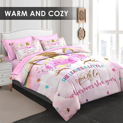 Full Size Comforter Set with 2 Pillowcases & 2 Shams, Cute Golden Unicorn 7 Pcs Bedding for Kids and Teens, Pink Rainbow Star Rose Flower Bed in a Bag with Flat Fitted Sheet