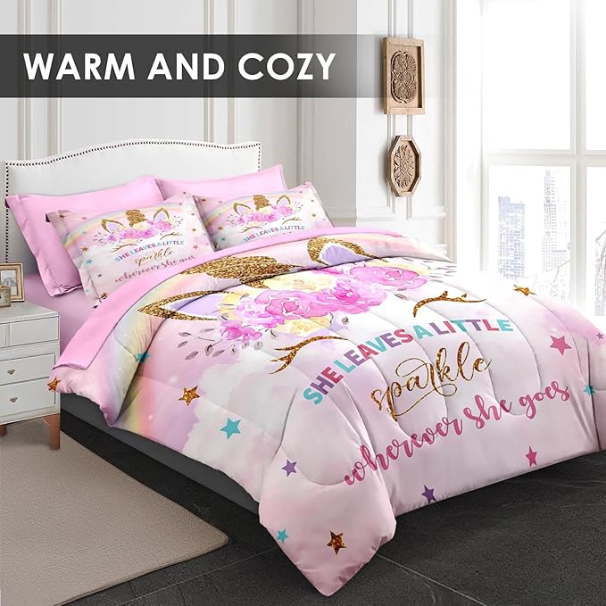 Twin Size Comforter Set with Pillowcase & Sham, Cute Golden Unicorn 5 Pcs Bedding for Kids and Teens, Pink Rainbow Star Rose Flower Bed in a Bag with Flat Fitted Sheet