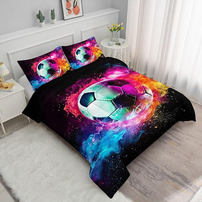 Kids Comforter Set Flame Soccer Printed Pattern Bedding Set with 1 Comforter and 2 Pillowcases for Girls Boys Bedroom All Season(Flame SoccerFull)