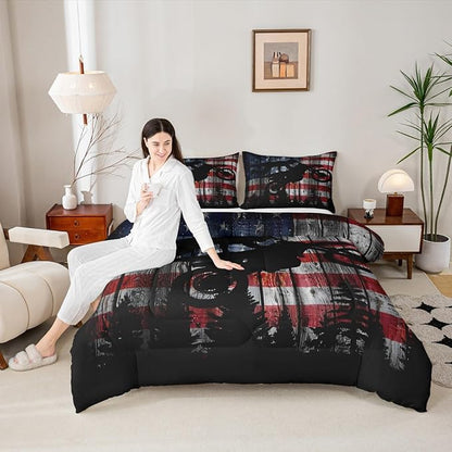 American Flag Comforter Set King Size Boys Dirt Bike Racing Motocross Rider Bedding Set Kids Teens Men Rustic Farmhouse Wooden Quilt Set Retro Black Pine Tree Silhouette Duvet Insert 3pcs