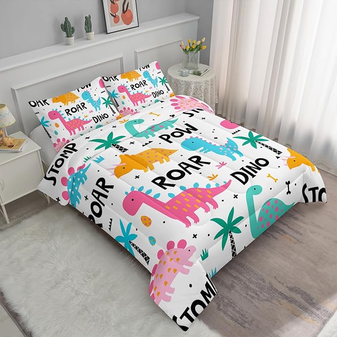Axolotl Girls Cartoon Dinosaur Bedding Comforter Set,Cute Colorful Dinosaur Bedding for Girls Teens,Kawaii Dino Animal Kids Comforter Set for Boys Adults,1 Quilt 2 Pillow Cases,White King Size
