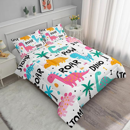 Axolotl Girls Cartoon Dinosaur Bedding Comforter Set,Cute Colorful Dinosaur Bedding for Girls Teens,Kawaii Dino Animal Kids Comforter Set for Boys Adults,1 Quilt 2 Pillow Cases,White King Size
