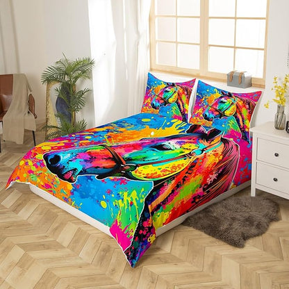 Castle Fairy Colorful Horse Duvet Cover Set Queen Size,Modern Abstract Graffiti Bedding Set 3pcs for Kids Girls Boys Room Decor,Boho Exotic Art Comforter Cover Wild Animals Quilt Cover,2 Pillowcases