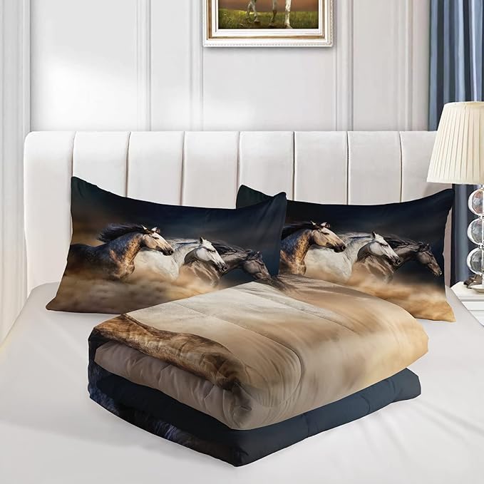 QOOMO Horse Comforter King Size,Galloping Horse Comforter Set for Kids Teens Girls Boys,3Pcs Bedding Set Printed Comforter with 2 Pillowcases,Soft and Lightweight，King Size