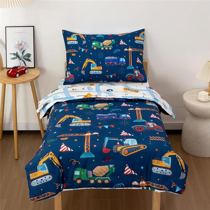 NTBED 4 Pieces Construction Truck Toddler Bedding Set for Baby Boys, Flags Vehicles Excavator Cars Printed, Includes Comforter, Flat Sheet, Fitted Sheet and Pillowcase,Navy