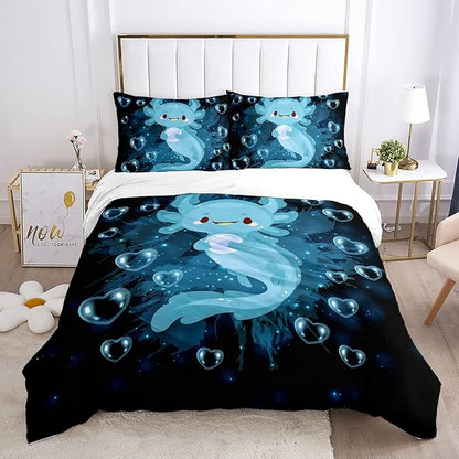 HOSIMA Axolotl Kawaii Bedding Set for Kids Bedroom Decor Blue Axolotl Cute Duvet Cover Set 3 Pieces 1 Duvet Cover with 2 Pillowcases（No Comforter）