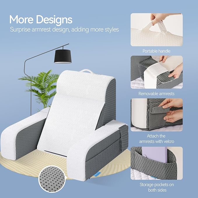Kayfia Reading Pillow, 10 in 1 Back Pillow for Bed Sitting up with Detachable Arms Rest, Back Rest Pillow with Gel Memory Foam, Husband Pillow for Reading/Gaming/Working in Bed or Couch 21'', White