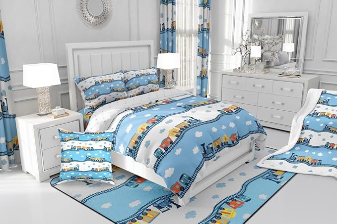 Erosebridal Kids Locomotive Train Comforter Set Full,Cute Steam Engine Truck Bedding Sets for Boys Girls Blue White Clouds Duvet Insert Railway Car Vehicles Down Comforter with 2 Pillowcases