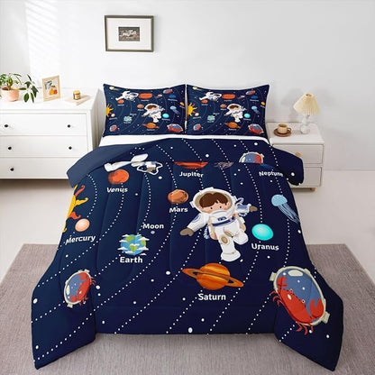 Feelyou Solar System Comforter Set King Size Outer Space Comforter for Kids Teens Adults Universe Planets Bedding Set Cute Astronaut Blue Duvet Set Room Decor 3Pcs with 2 Pillow Case